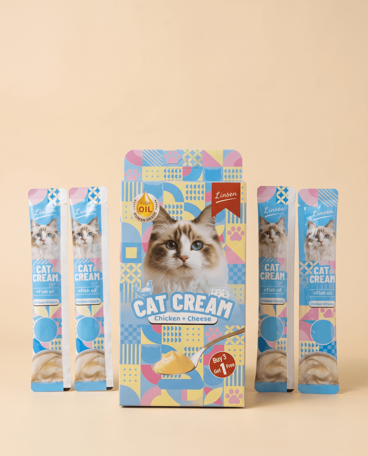 Linsen Cat Cream - Lickable Cat Treat Chicken & Cheese 4 x 17g - LNS-CAT-CHC-68 - Linsen - Cat Treat