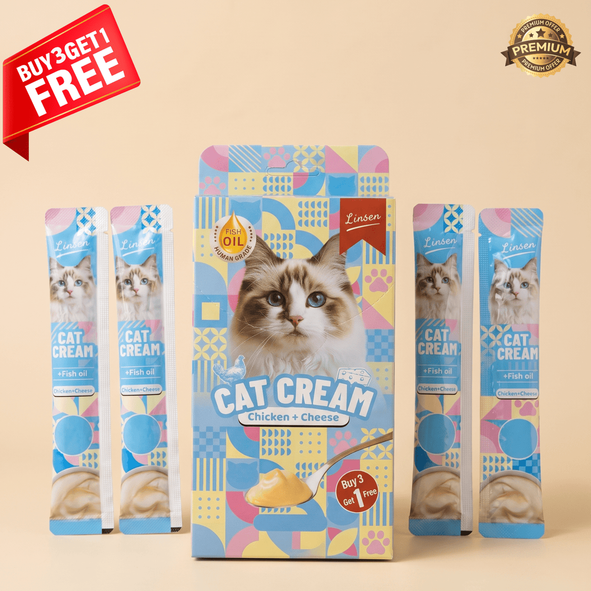 Linsen Cat Cream - Lickable Cat Treat Chicken & Cheese 4 x 17g - LNS-CAT-CHC-68 - Linsen - Cat Treat