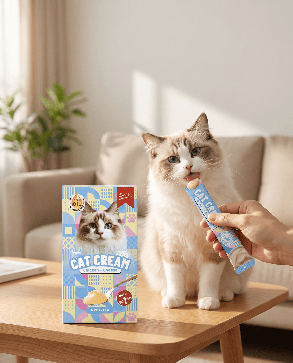 Linsen Cat Cream - Lickable Cat Treat Chicken & Cheese 4 x 17g - LNS-CAT-CHC-68 - Linsen - Cat Treat