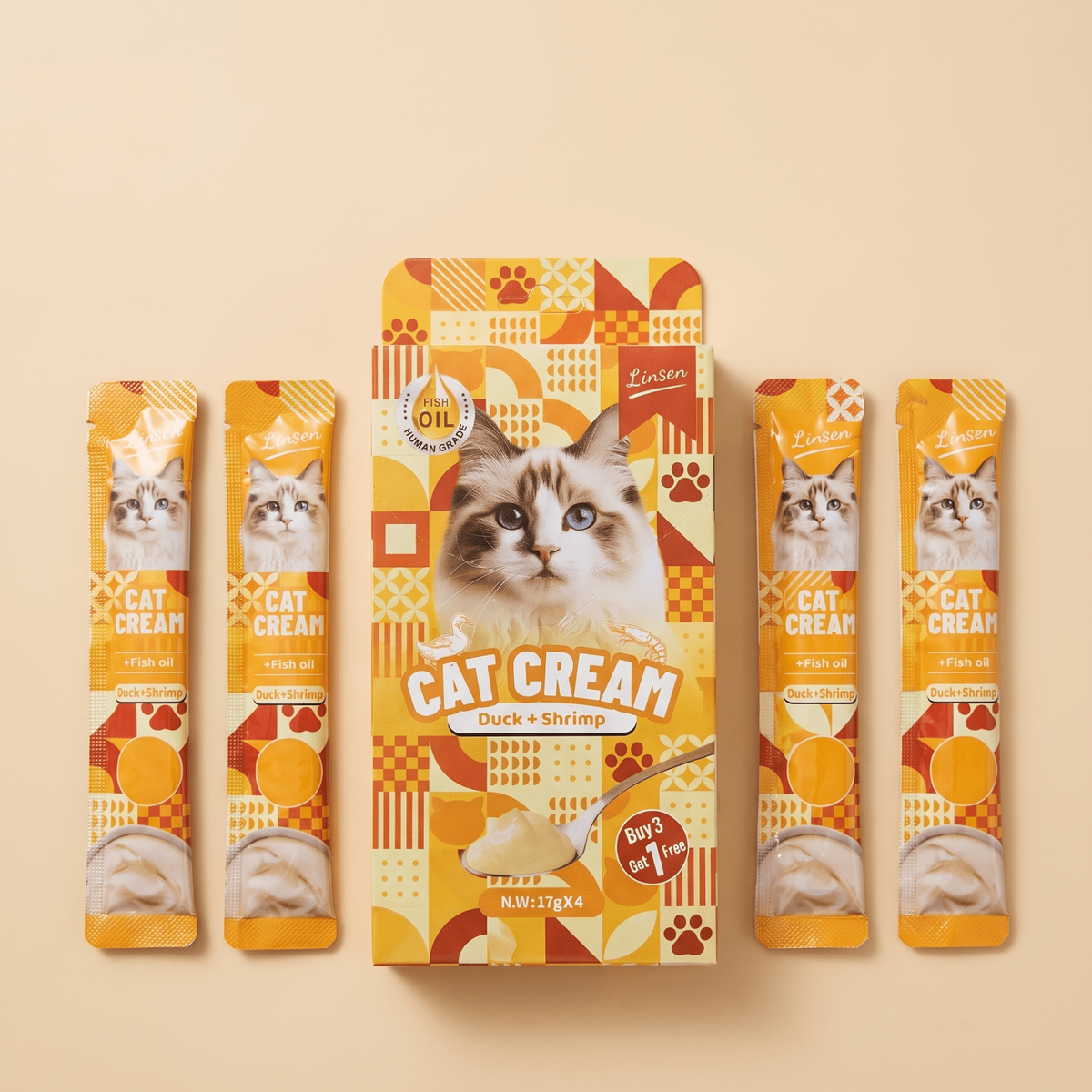 Linsen Cat Cream - Lickable Cat Treat Duck & Shrimp 4 x 17g - LNS-CAT-DSH-68 - Linsen - Cat Treat