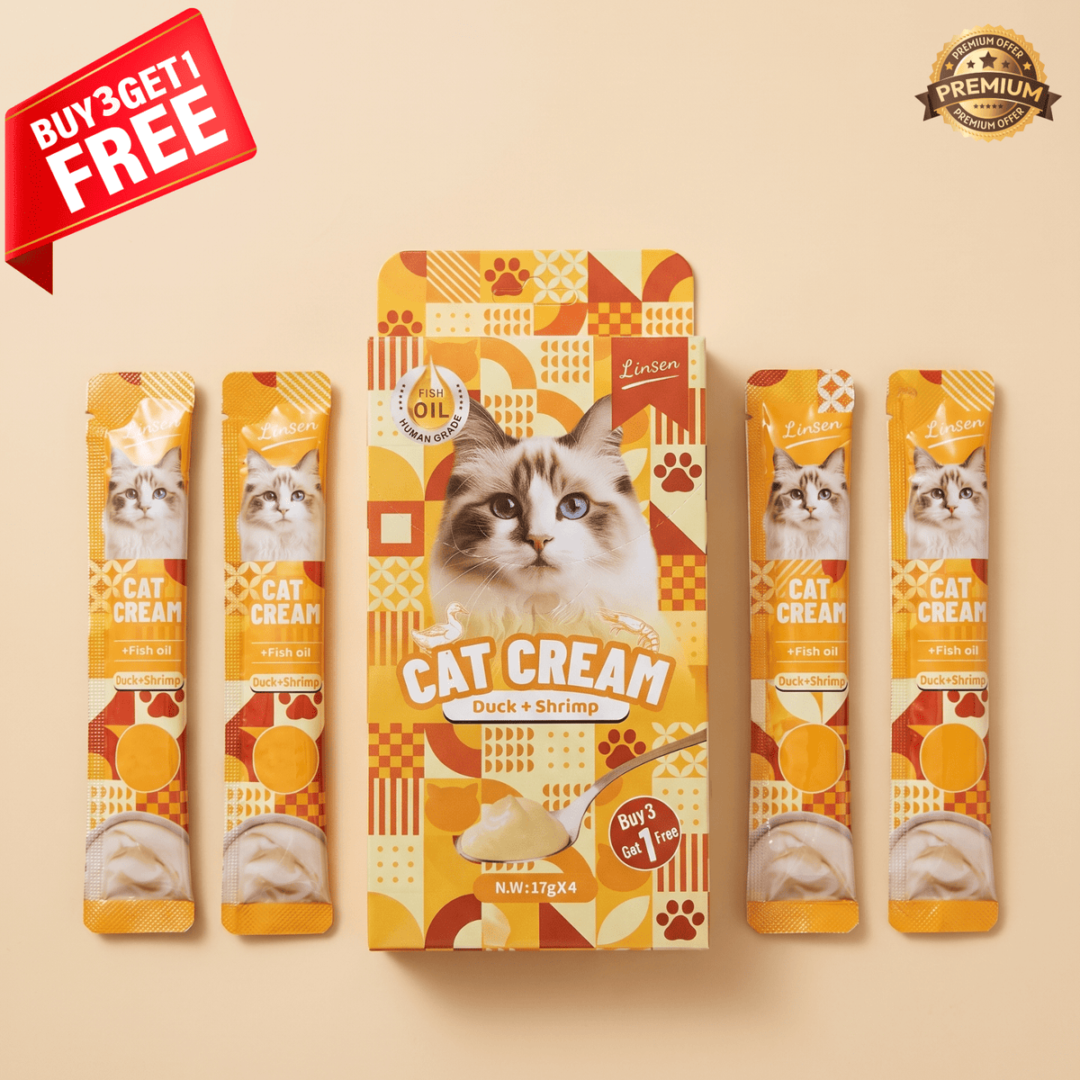 Linsen Cat Cream - Lickable Cat Treat Duck & Shrimp 4 x 17g - LNS-CAT-DSH-68 - Linsen - Cat Treat