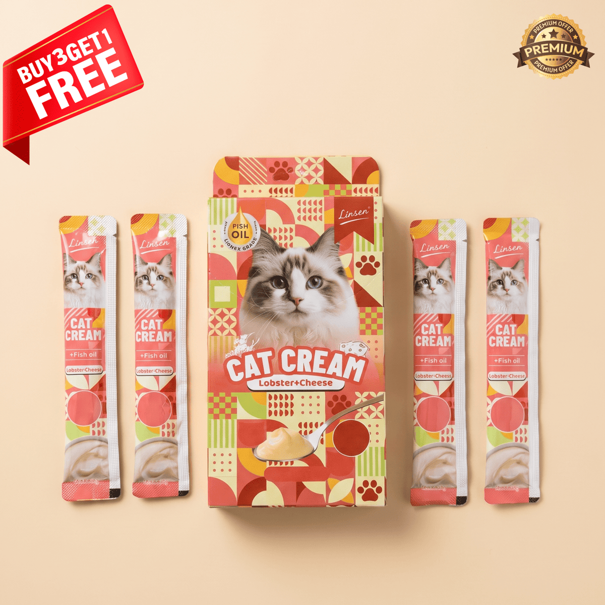 Linsen Cat Cream - Lickable Cat Treat Lobster & Cheese 4 x 17g - LNS-CAT-LBC-68 - Linsen - Cat Treat
