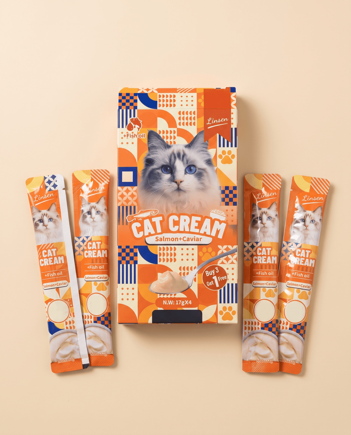 Linsen Cat Cream - Lickable Cat Treat Salmon & Caviar 4 x 17g - LNS-CAT-SCV-68 - Linsen - Cat Treat